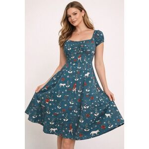 Collectif London Blue Fairy Tale Print Dress Small Woodland Red Riding Hood